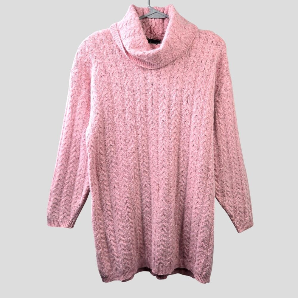 Wainscott Ireland Cable Knit Tunic Sweater Pink Lambswool Rabit Hair Turtleneck